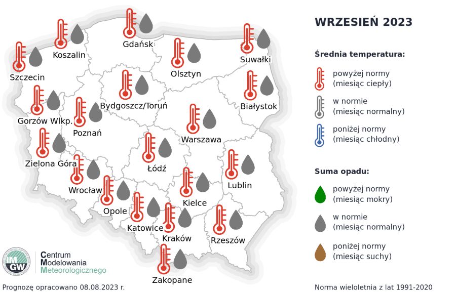 Rys. 1. Prognoza średniej miesięcznej temperatury powietrza i miesięcznej sumy opadów atmosferycznych na wrzesień 2023 r. dla wybranych miast w Polsce