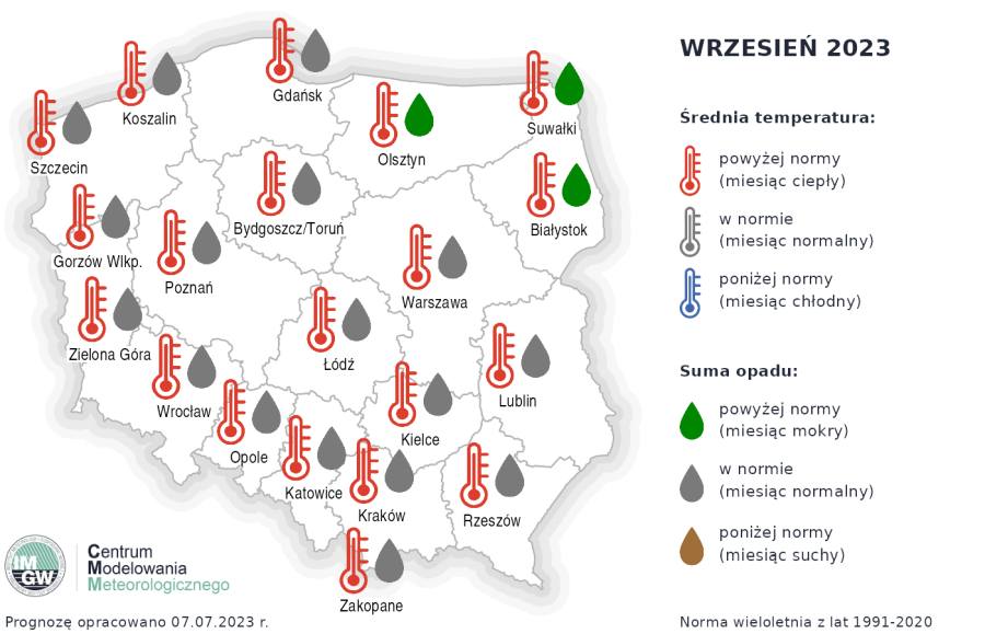 Prognoza średniej miesięcznej temperatury powietrza i miesięcznej sumy opadów atmosferycznych na wrzesień 2023 r. dla wybranych miast w Polsce