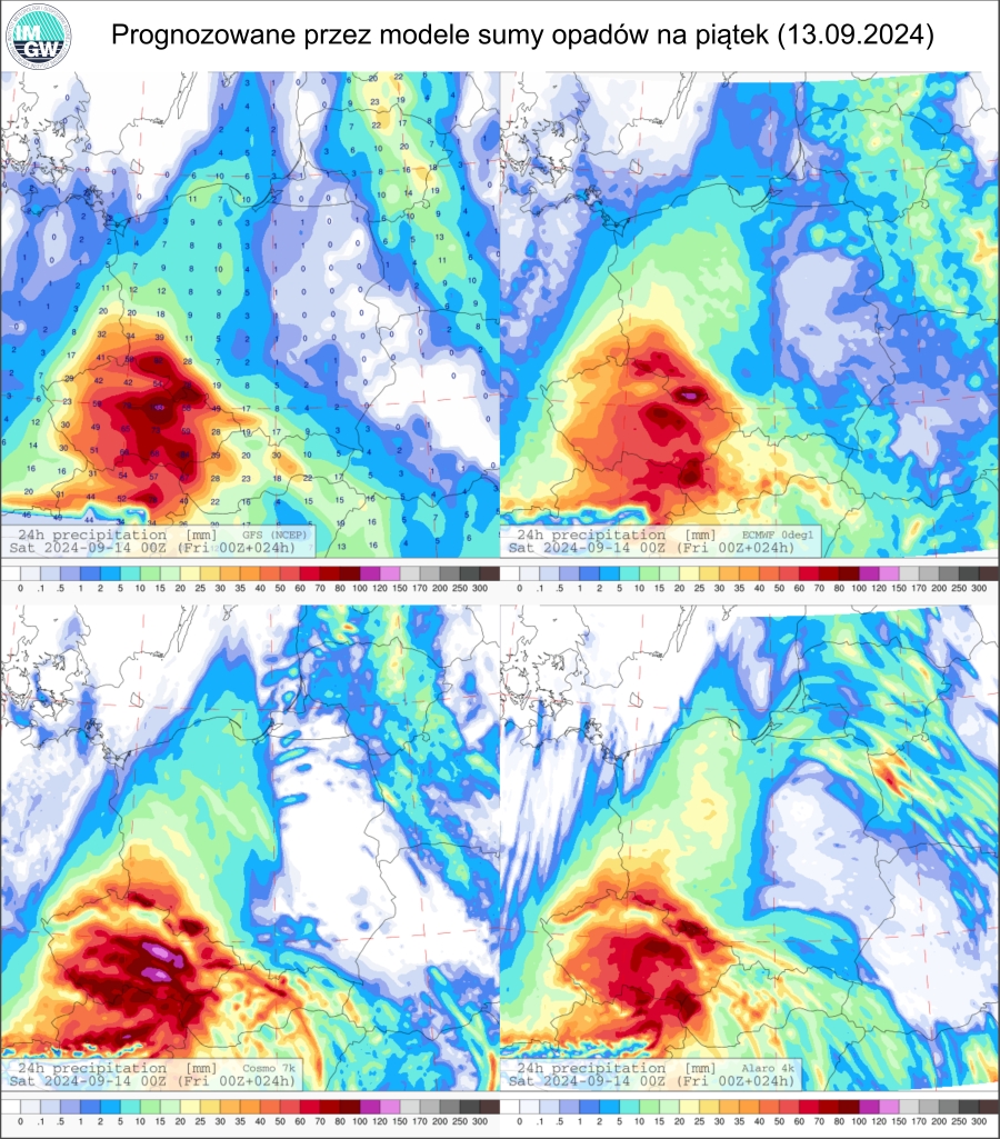 Prognozowana dobowa suma opadów na piątek (13.09.2024) wg wyników modeli GFS 0.25°, ECMWF 0.1°, COSMO 7 km i Alaro 4 km.