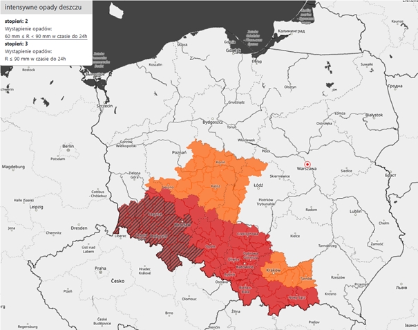 Mapy obowiązujących ostrzeżeń meteorologicznych dotyczących intensywnych opadów deszczu. Źródło: IMGW-PIB