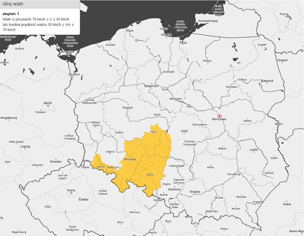 Mapy obowiązujących ostrzeżeń meteorologicznych dotyczących silnego wiatru. Źródło: IMGW-PIB