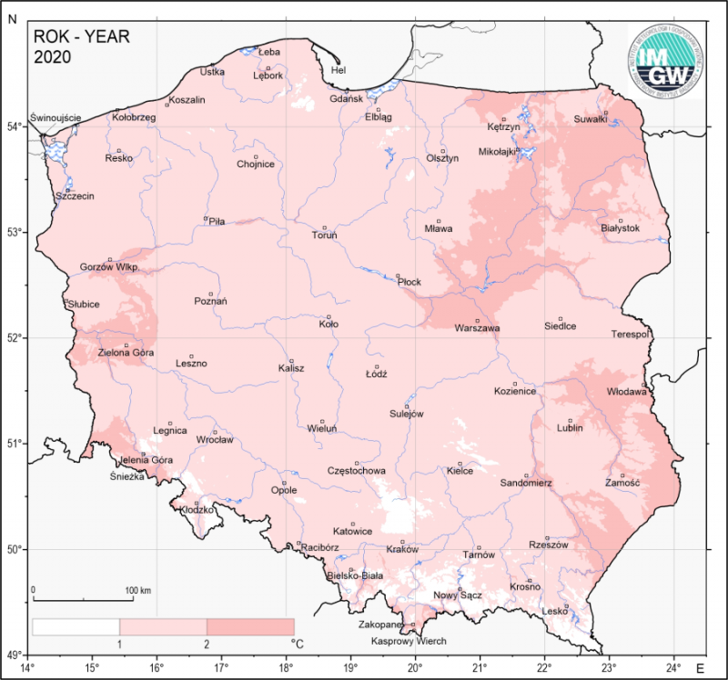 Odchylenie średniej temperatury w roku 2020