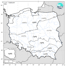 Wartości średniej obszarowej temperatury powietrza oraz klasyfikacja termiczna w lutym 2021 r. w poszczególnych regionach klimatycznych Polski.