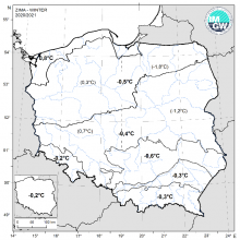 Wartości średniej obszarowej temperatury powietrza oraz klasyfikacja termiczna w zimie 2020/2021 r. w poszczególnych regionach klimatycznych Polski.