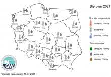 Rys. 3. Prognoza średniej miesięcznej temperatury powietrza i miesięcznej sumy opadów atmosferycznych na sierpień 2021 r. dla wybranych miast w Polsce
