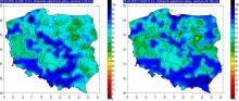 Wskaźnik wilgotności gleby na głębokości 7-28 cm (lewa grafika) i 28-100 cm (prawa grafika) w dniu 25 lutego 2021 r. na podstawie obrazów satelitarnych.