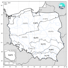 Wartości średniej obszarowej temperatury powietr w maju 2021 r. w poszczególnych regionach klimatycznych Polski