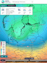 Prognoza pola ciśnienia na sobotę 19.02.2022 godz. 8:00. Niż Eunice (Zeynep) w rejonie południowej Szwecji (model GFS)