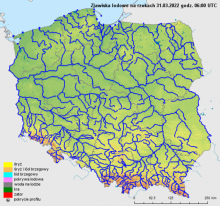 Zjawiska lodowe na rzekach w Polsce z dnia 31.03.2022 r. z godz. 8:00 (aktualnie nie występują).