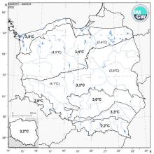Wartości średniej obszarowej temperatury powietrza w marcu 2022 r. w poszczególnych regionach klimatycznych Polski.