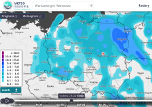 Prognoza wielkości opadów deszczu [mm/h] w sobotę 23.04.2022 r. o godz. 13:00 wg modelu GFS. | https://meteo.imgw.pl/.