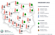 Prognoza średniej miesięcznej temperatury powietrza i miesięcznej sumy opadów atmosferycznych na wrzesień 2022 r. dla wybranych miast w Polsce.