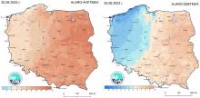 Anomalia prognozy TMAX (30.06.2022) względem notowanych charakterystyk wieloletnich (1991-2020): ALARO-AVETMAX – ALARO – wartość średnia TMAX (po lewej), ALARO-Q95TMAX – ALARO – kwantyl 95% TMAX (po prawej). Opracowano w Zakładzie Meteorologii, Klimatologii i Ochrony Atmosfery, Centrum Badań i Rozwoju