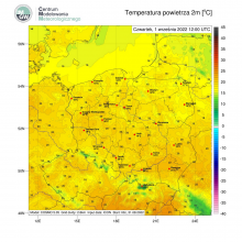 Prognoza numeryczna pola temperatury powietrza na 01.12.2022 r. na godzinę 12:00 UTC (14:00 czasu lokalnego)