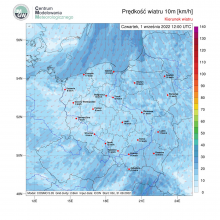 Prognoza numeryczna pola wiatru na 01.12.2022 r. na godzinę 12:00 UTC (14:00 czasu lokalnego)