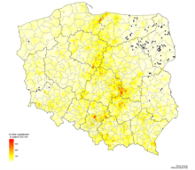 Mapa wyładowań doziemnych nad Polską w okresie maj-sierpień 2022 roku. Łącznie zarejestrowano 403 261 wyładowań.