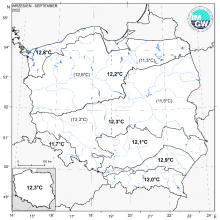 Wartości średniej obszarowej temperatury powietrza we wrześniu 2022 r. w poszczególnych regionach klimatycznych Polski.