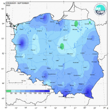 Przestrzenny rozkład miesięcznej sumy opadów we wrześniu 2022 r. 