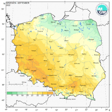 Przestrzenny rozkład wartości kwantyla 95% maksymalnej temperatury powietrza we wrześniu 2022.