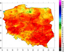 Sumy miesięczne klimatycznego bilansu wodnego w maju 2022 roku (szacowane na podstawie danych z obserwacji naziemnych, radarów meteorologicznych i danych satelitarnych).