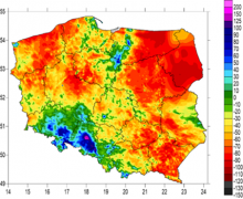 Sumy miesięczne klimatycznego bilansu wodnego w sierpniu 2022 roku (szacowane na podstawie danych z obserwacji naziemnych, radarów meteorologicznych i danych satelitarnych).