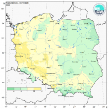 Przestrzenny rozkład średniej miesięcznej temperatury powietrza w październiku 2022 r.