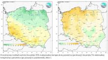 Przestrzenny rozkład wartości kwantyla 95% maksymalnej temperatury powietrza (po lewej) i kwantyla 5% minimalnej temperatury powietrza (po prawej) w październiku 2022 r.