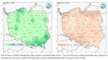 Przestrzenny rozkład miesięcznej sumy opadów w październiku 2022 r. oraz przestrzenny rozkład anomalii sumy opadów w stosunku do normy (tj. średniej miesięcznej wartości wieloletniej elementu w okresie 1991-2020).