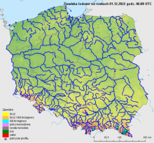 Zjawiska lodowe na rzekach w Polsce 01.12.2022 r. godz. 7:00.