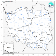 Wartości średniej obszarowej temperatury powietrza w listopadzie 2022 r. w poszczególnych regionach klimatycznych Polski.