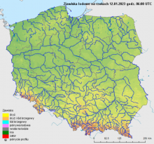 Zjawiska lodowe na rzekach w Polsce 12.01.2023 r. godz. 7:00.