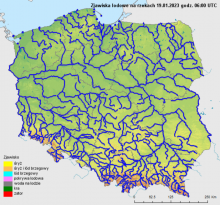 Zjawiska lodowe na rzekach w Polsce 19.01.2023 r. godz. 7:00.