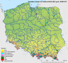 Zjawiska lodowe na rzekach w Polsce 09.02.2023 r. godz. 7:00.