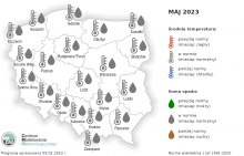 Prognoza średniej miesięcznej temperatury powietrza i miesięcznej sumy opadów atmosferycznych na maj 2023 r. dla wybranych miast w Polsce.