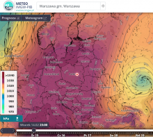 Rozkład ciśnienia atmosferycznego we wtorek 14.02.2023 r. o godz. 23:00, wg modelu GFS. | https://meteo.imgw.pl/ 