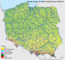 Zjawiska lodowe na rzekach w Polsce 16.02.2023 r. godz. 7:00.