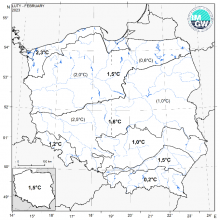 Wartości średniej obszarowej temperatury powietrza w lutym 2023 r. w poszczególnych regionach klimatycznych Polski.