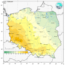 Przestrzenny rozkład wartości kwantyla 95% maksymalnej temperatury powietrza w lutym 2023 r.