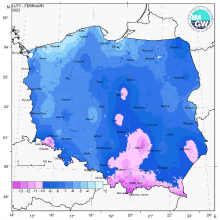 Przestrzenny rozkład wartości kwantyla 5% minimalnej temperatury powietrza w lutym 2023 r.