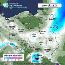Prognoza opadu śniegu we wtorek wg modelu ECMWF HRES 0.1.