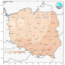 Przestrzenny rozkład anomalii średniej miesięcznej temperatury powietrza w marcu 2023 r. w stosunku do normy (tj. średniej miesięcznej wartości wieloletniej elementu w okresie 1991-2020).