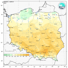 Przestrzenny rozkład wartości kwantyla 95% maksymalnej temperatury powietrza w marcu 2023 r.