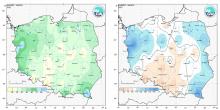 Przestrzenny rozkład miesięcznej sumy opadów w marcu 2023 r. oraz przestrzenny rozkład anomalii sumy opadów w stosunku do normy (tj. średniej miesięcznej wartości wieloletniej elementu w okresie 1991-2020).