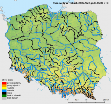 Mapa stref stanów wody w rzekach dziś 30.05.2023 r. o godz. 8:00 czasu lokalnego. | hydro.imgw.pl