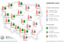 Rys. 3. Prognoza średniej miesięcznej temperatury powietrza i miesięcznej sumy opadów atmosferycznych na sierpień 2023 r. dla wybranych miast w Polsce