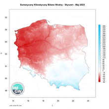 Przestrzenny rozkład skumulowanego wartości klimatycznego bilansu wodnego z okresu I-V 2023 r.