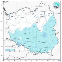 Przestrzenny rozkład anomalii średniej miesięcznej temperatury powietrza w maju 2023 r. w stosunku do normy (tj. średniej miesięcznej wartości wieloletniej elementu w okresie 1991-2020).