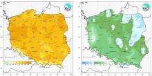 Przestrzenny rozkład wartości kwantyla 95% maksymalnej temperatury powietrza (po lewej) i kwantyla 5% minimalnej temperatury powietrza (po prawej) w maju 2023 r.