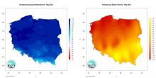 Przestrzenny rozkład sumy parowania potencjalnego (lewy panel) oraz klimatycznego bilansu wodnego (prawy panel) w maju 2023 r.