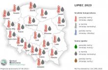 Rys. 1. Prognoza średniej miesięcznej temperatury powietrza i miesięcznej sumy opadów atmosferycznych na lipiec 2023 r. dla wybranych miast w Polsce